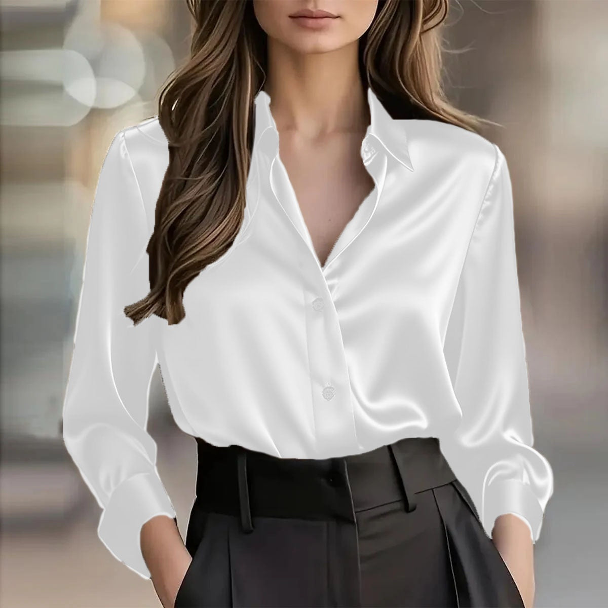 Women's Satin Long-Sleeve Button-Up Blouse