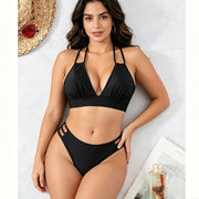 Women's Black Double Strap Bikini Set, Plunge V-Neck Top & High Waist Side Cutout Bottom, 2 Piece Swimsuit