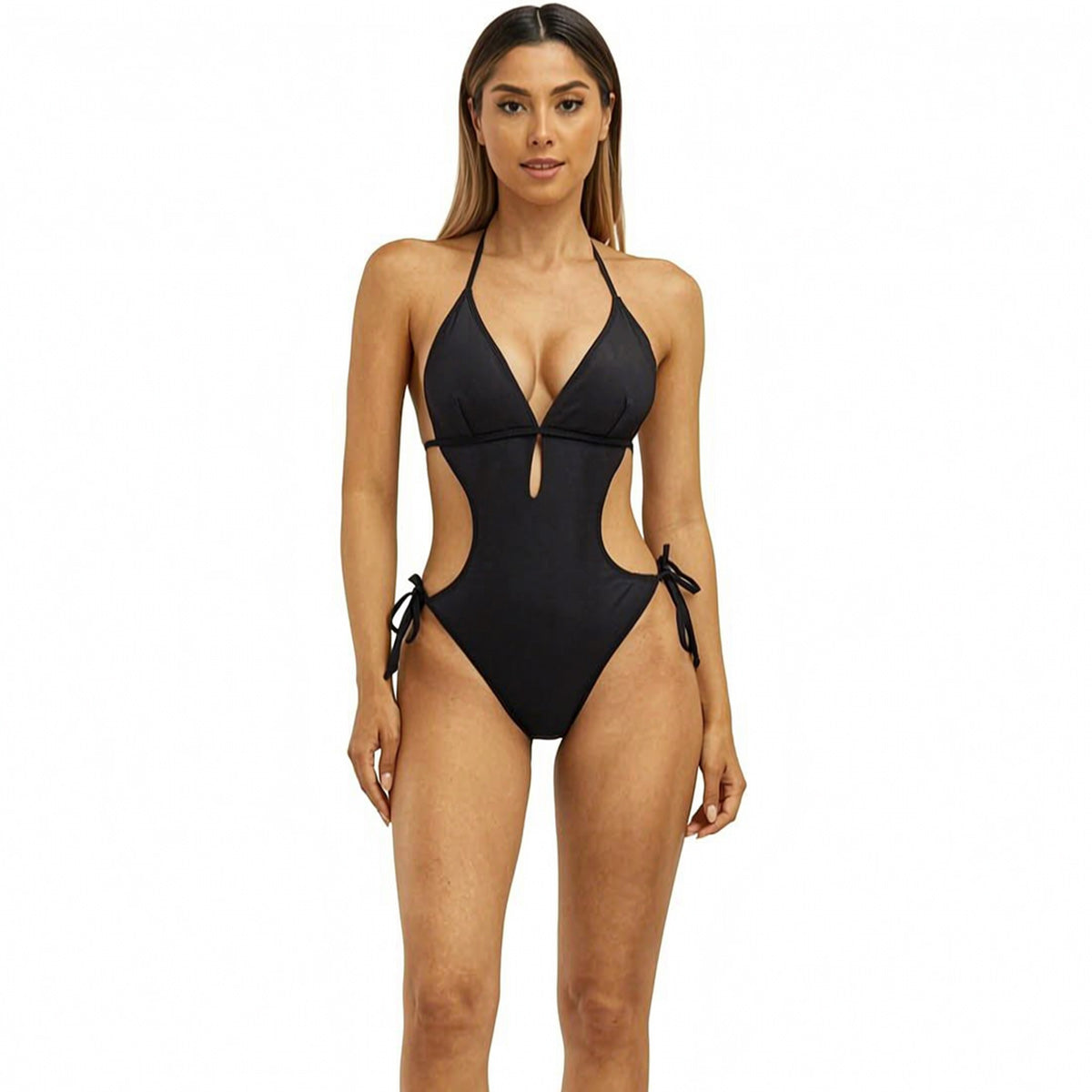 Women Halter Cutout One Piece Swimsuit, Deep V Keyhole Side Cut Out Adjustable Tie High Cut Bathing Suit Black Slim Swimwear