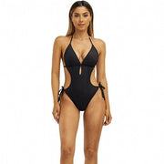 Women Halter Cutout One Piece Swimsuit, Deep V Keyhole Side Cut Out Adjustable Tie High Cut Bathing Suit Black Slim Swimwear