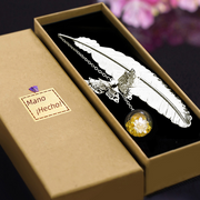 Chinese Style Metal Feather Bookmark with Preserved Flowers