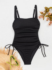 Ribbed Square Neck One Piece Swimsuit For Women, Adjustable Side Tie High Cut Bathing Suit Slimming Black Swimwear