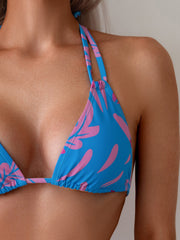 Women's Tropical Leaf Print Triangle Bikini Set, Halter Tie Top & High Cut Bottom, 2 Piece Summer Swimsuit