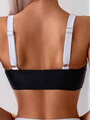 Women's Black And White Color Block Bikini Set, Square Neck Sporty Top & High Waist Bottom, 2 Piece Contrast Trim Swimsuit