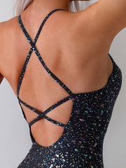 Women's Black Holographic Sparkle One-Piece Swimsuit, Crisscross Back Strappy Bathing Suit