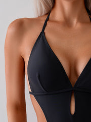 Women Halter Cutout One Piece Swimsuit, Deep V Keyhole Side Cut Out Adjustable Tie High Cut Bathing Suit Black Slim Swimwear