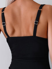 Ribbed Square Neck One Piece Swimsuit For Women, Adjustable Side Tie High Cut Bathing Suit Slimming Black Swimwear