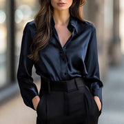 Women's Satin Long-Sleeve Button-Up Blouse