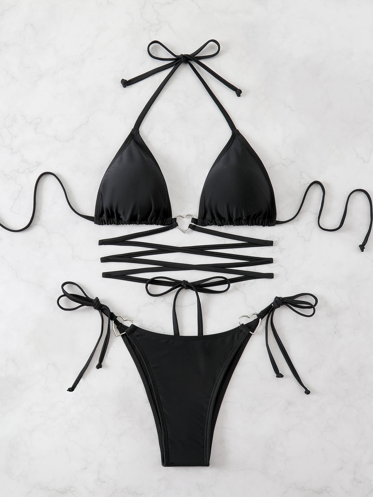 Just Style Black Lace-Up Triangle Bikini Set