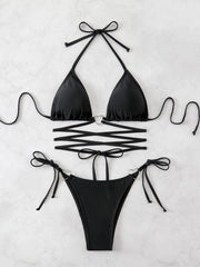 Just Style Black Lace-Up Triangle Bikini Set