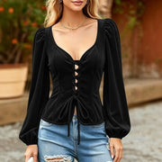 Just Style Solid-Color Crew-Neck Lace-Up Velvet Blouse With Bubble Sleeves