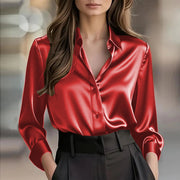 Women's Satin Long-Sleeve Button-Up Blouse