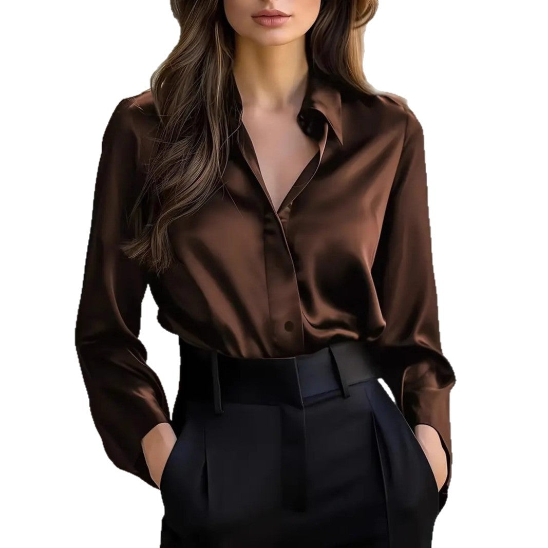 Women's Satin Long-Sleeve Button-Up Blouse