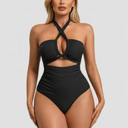 Women's Crisscross Halter Cutout One Piece Swimsuit, Tummy Control High Waist Ruched Bathing Suit