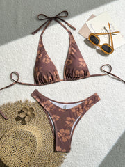 Women's Brown Hibiscus Floral Triangle Bikini Set, Tie-Side Halter Top & Cheeky Bottom, 2 Piece Tropical Swimsuit