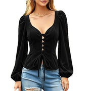 Just Style Solid-Color Crew-Neck Lace-Up Velvet Blouse With Bubble Sleeves