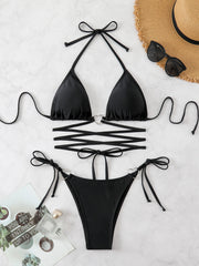 Just Style Black Lace-Up Triangle Bikini Set
