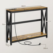 Console meuble étroite à 2 niveaux style industriel avec prises de courant et USB, 100 x 24 x 75 cm, marron
