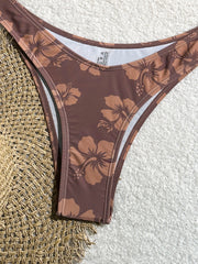 Women's Brown Hibiscus Floral Triangle Bikini Set, Tie-Side Halter Top & Cheeky Bottom, 2 Piece Tropical Swimsuit