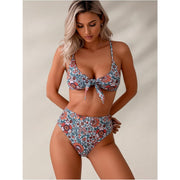 Women's Retro Floral Bikini Set, Tie-Front V-Neck Top & High Waist Bottom, 2 Piece Boho Swimsuit