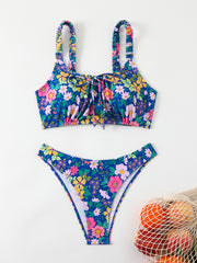 Women's Floral Print Bralette Bikini Set, Ruched Shoulder Straps & Front Tie Top, High Cut Cheeky Bottom 2 Piece Swimsuit