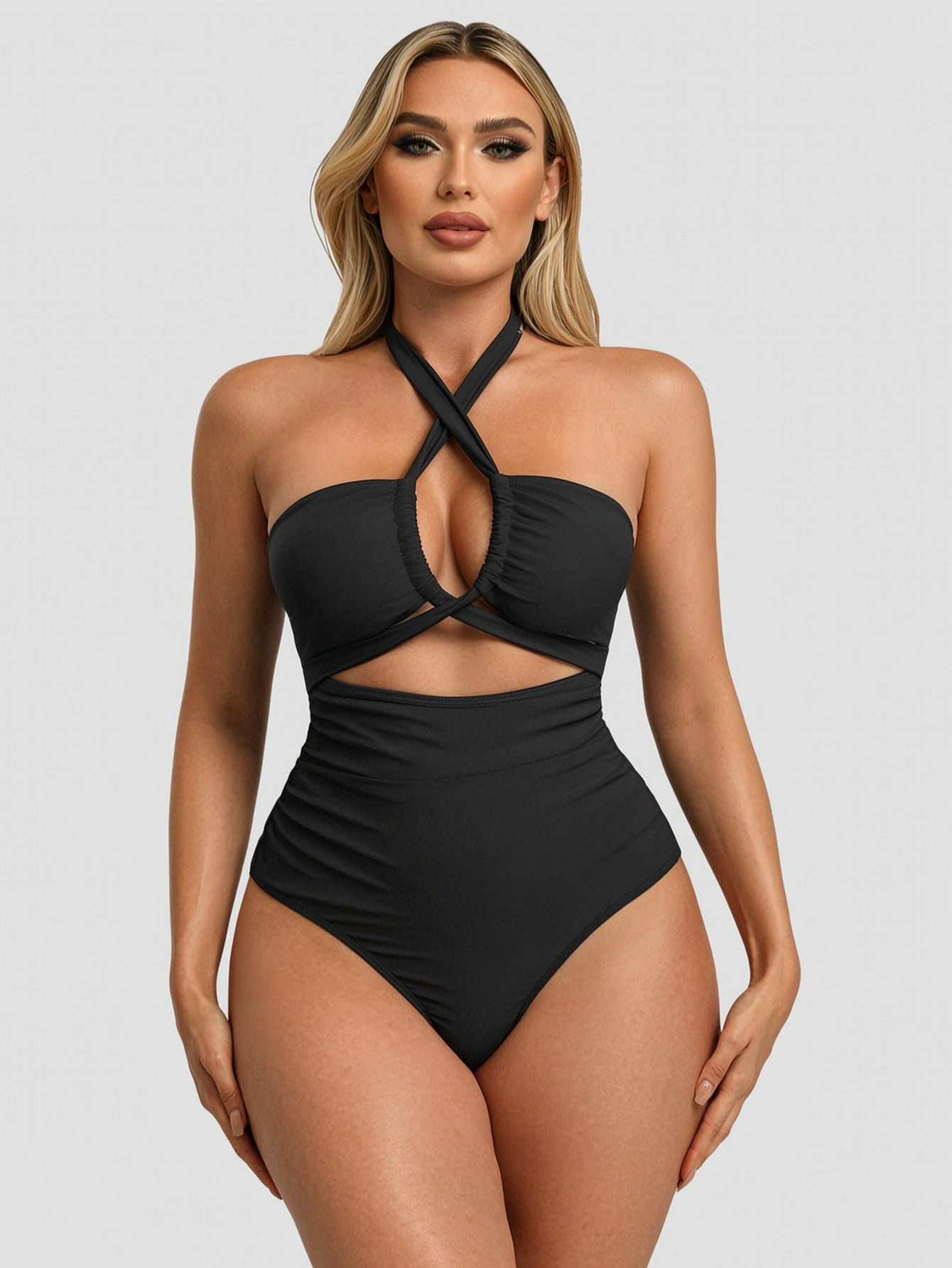 Women's Crisscross Halter Cutout One Piece Swimsuit, Tummy Control High Waist Ruched Bathing Suit