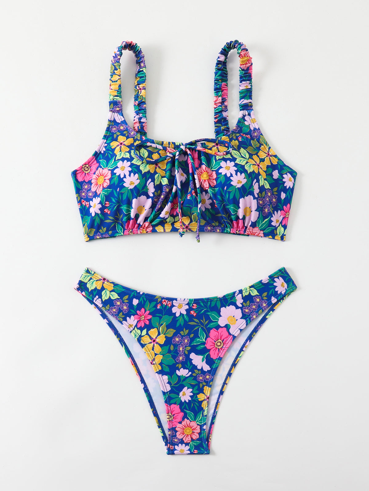 Women's Floral Print Bralette Bikini Set, Ruched Shoulder Straps & Front Tie Top, High Cut Cheeky Bottom 2 Piece Swimsuit