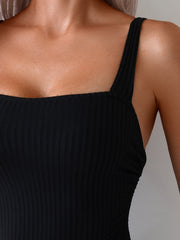 Ribbed Square Neck One Piece Swimsuit For Women, Adjustable Side Tie High Cut Bathing Suit Slimming Black Swimwear