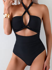 Women's Crisscross Halter Cutout One Piece Swimsuit, Tummy Control High Waist Ruched Bathing Suit