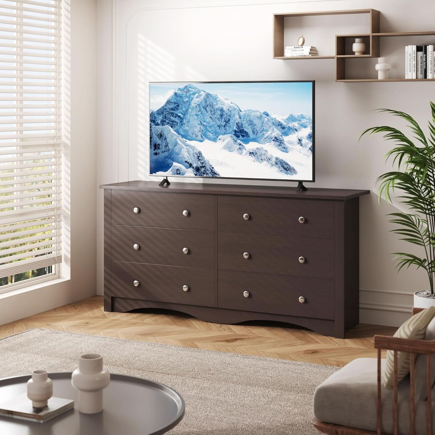 6 Drawer Dresser And TV Stand For 65 Inch TV Brown