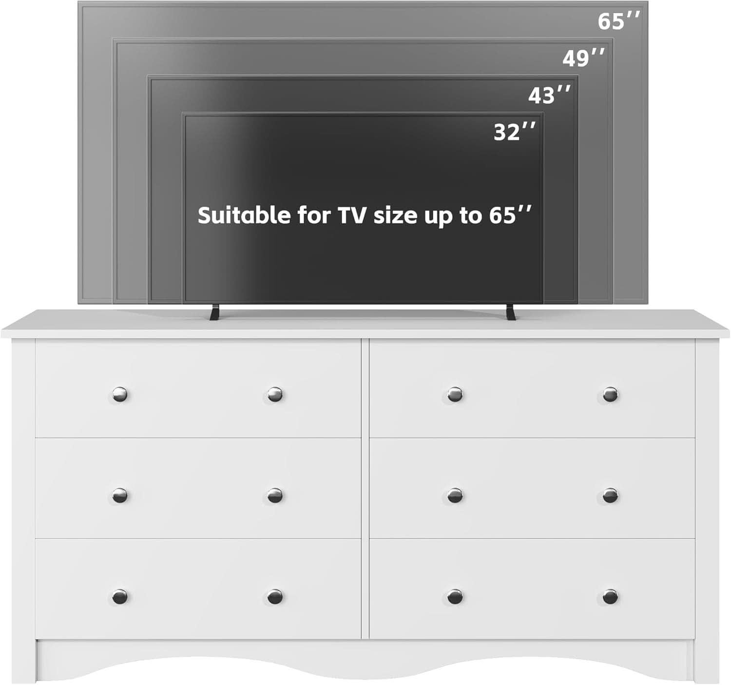 6 Drawer Dresser and TV Stand in White for 65 Inch TV