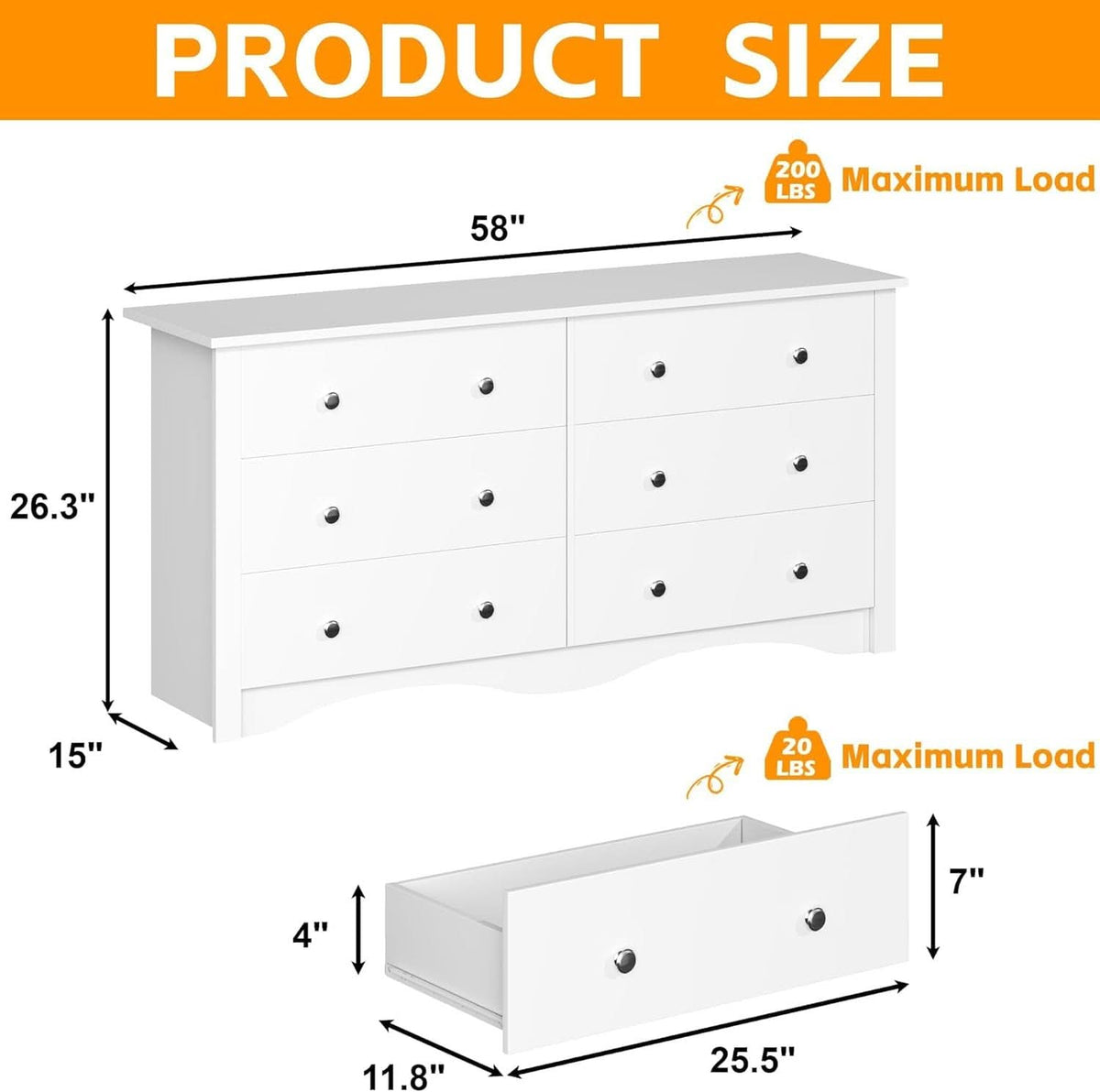 6 Drawer Dresser and TV Stand in White for 65 Inch TV