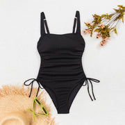 Ribbed Square Neck One Piece Swimsuit For Women, Adjustable Side Tie High Cut Bathing Suit Slimming Black Swimwear