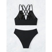 Women's Black Double Strap Bikini Set, Plunge V-Neck Top & High Waist Side Cutout Bottom, 2 Piece Swimsuit