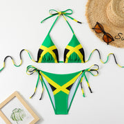 Women's Jamaica Flag Print Triangle Bikini Set, Halter Tie Top & Side Tie High Cut Bottom, 2 Piece Caribbean Swimsui