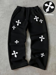 Embroidered Cross-Design Thickened Sweatpants For Men
