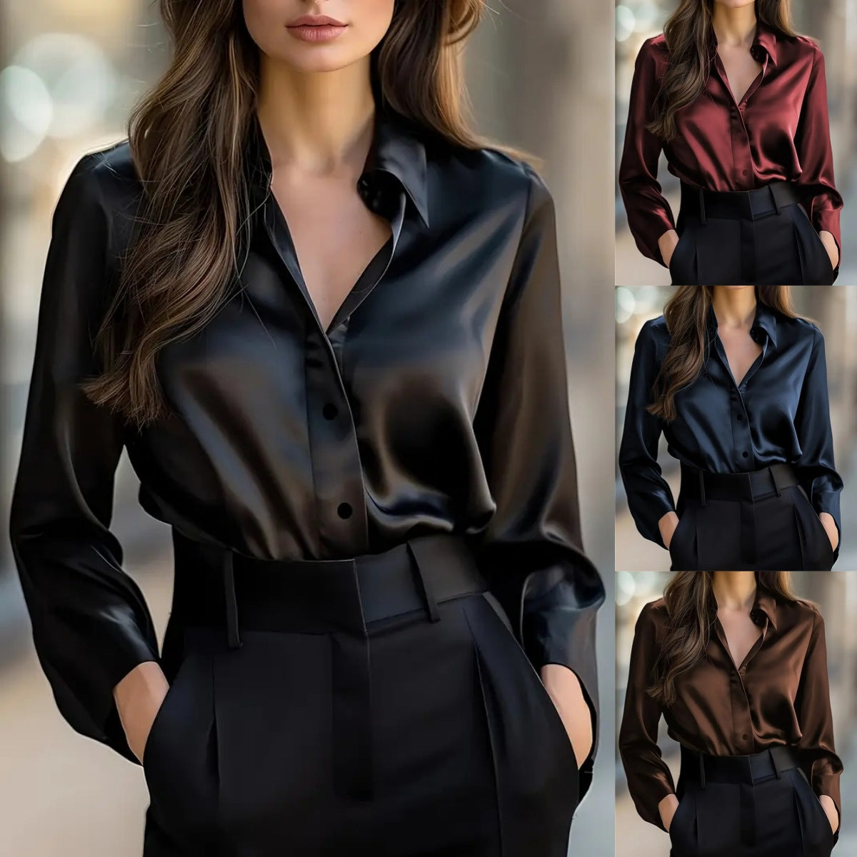 Women's Satin Long-Sleeve Button-Up Blouse