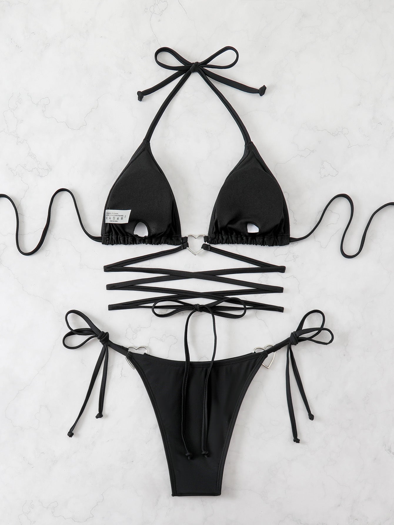 Just Style Black Lace-Up Triangle Bikini Set