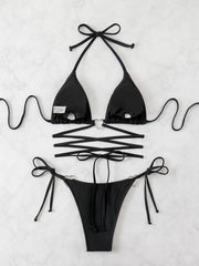 Just Style Black Lace-Up Triangle Bikini Set