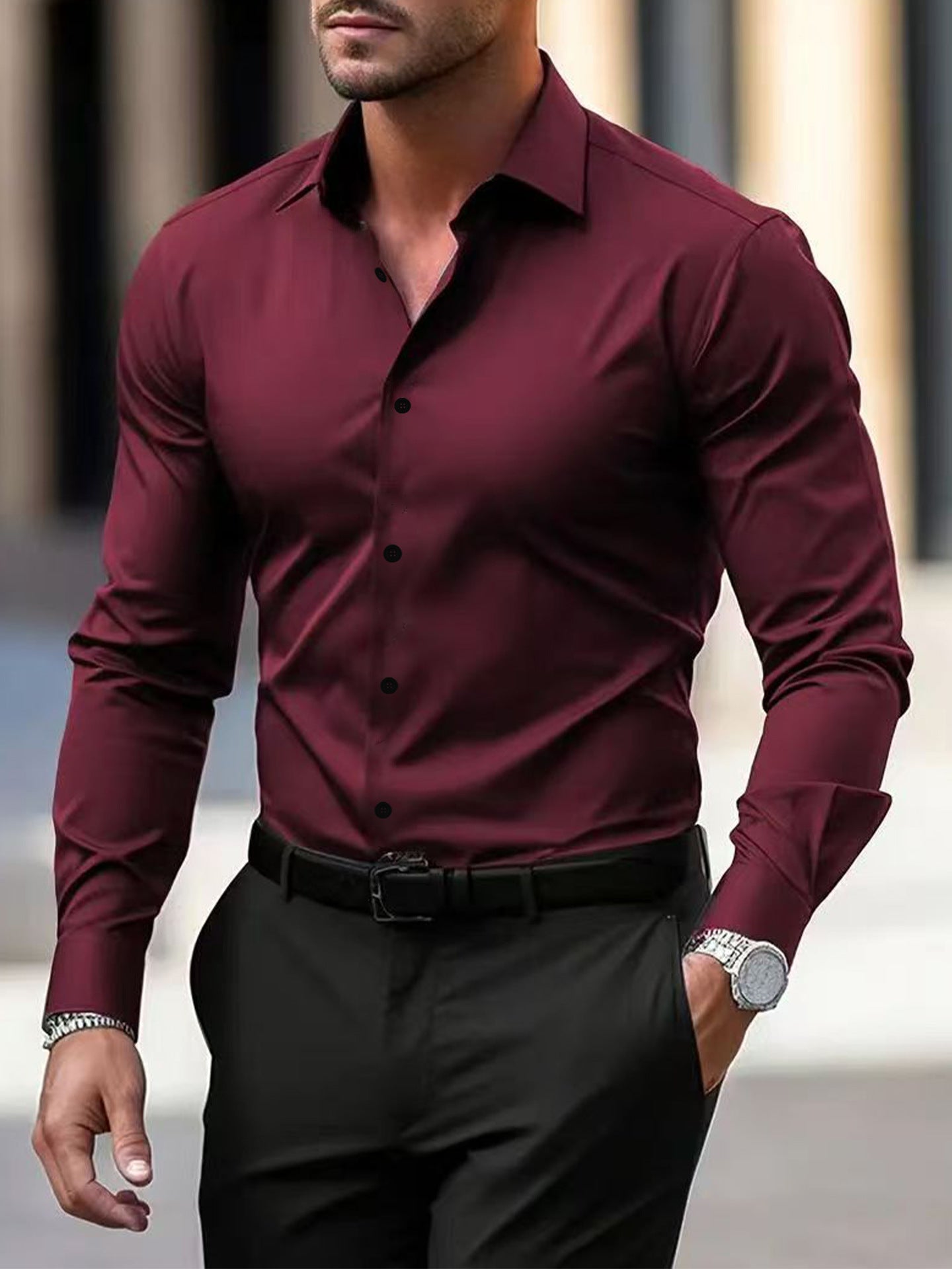 Men's Shirt Business Button Down Shirt Summer Solid Color Long Sleeve Lapel Vacation Shirt Fashion Temperament Casual Tops