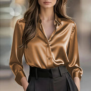Women's Satin Long-Sleeve Button-Up Blouse