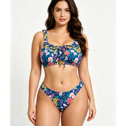 Women's Floral Print Bralette Bikini Set, Ruched Shoulder Straps & Front Tie Top, High Cut Cheeky Bottom 2 Piece Swimsuit