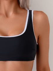 Women's Sporty Black Bikini Set, Square Neck Tank Top With White Contrast Trim & Mid Rise Bottom, 2 Piece SwimsuiT