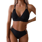 Women's Black Double Strap Bikini Set, Plunge V-Neck Top & High Waist Side Cutout Bottom, 2 Piece Swimsuit