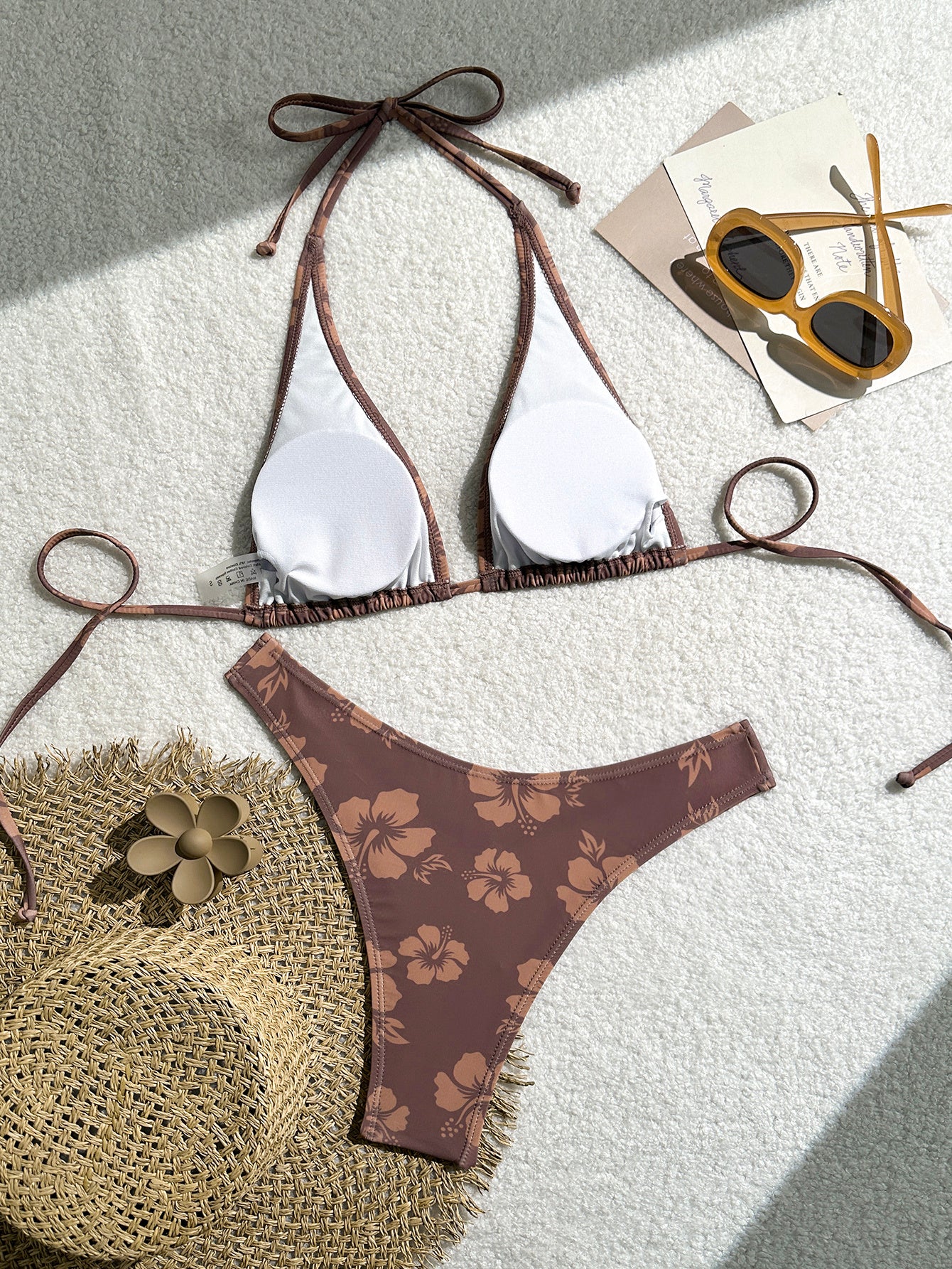 Women's Brown Hibiscus Floral Triangle Bikini Set, Tie-Side Halter Top & Cheeky Bottom, 2 Piece Tropical Swimsuit
