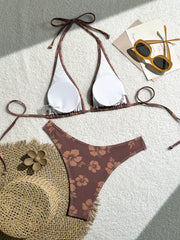 Women's Brown Hibiscus Floral Triangle Bikini Set, Tie-Side Halter Top & Cheeky Bottom, 2 Piece Tropical Swimsuit