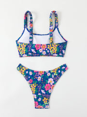 Women's Floral Print Bralette Bikini Set, Ruched Shoulder Straps & Front Tie Top, High Cut Cheeky Bottom 2 Piece Swimsuit