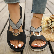 Plus Size Fish Mouth Wedge Sandals Flat Sole Elastic Strap Open Toe Summer Shoes For Women