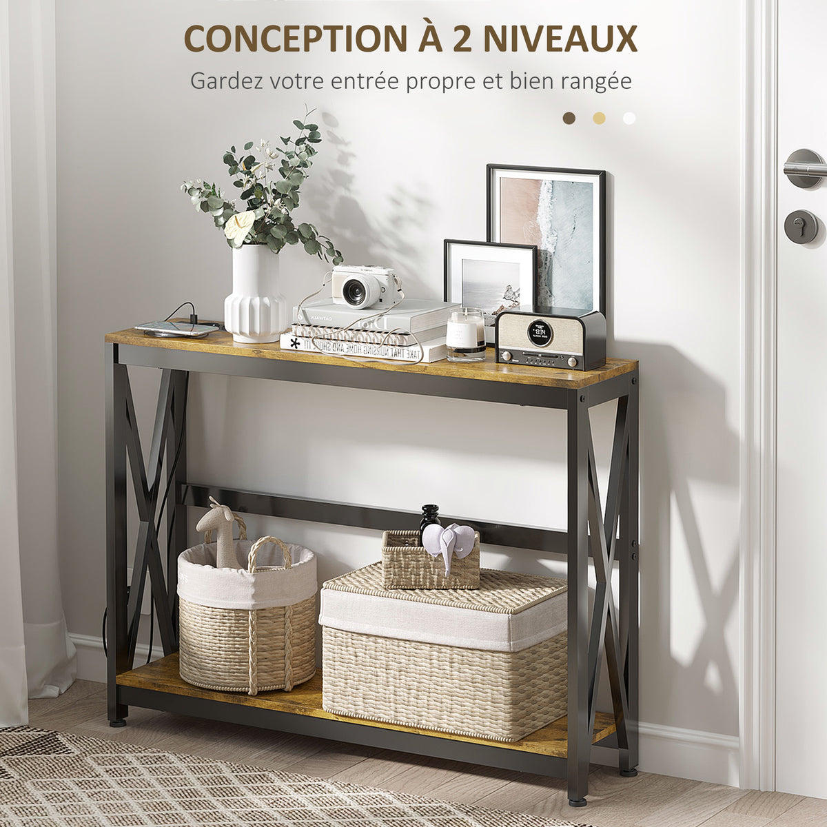 Console meuble étroite à 2 niveaux style industriel avec prises de courant et USB, 100 x 24 x 75 cm, marron