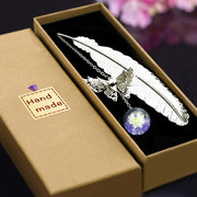 Chinese Style Metal Feather Bookmark with Preserved Flowers